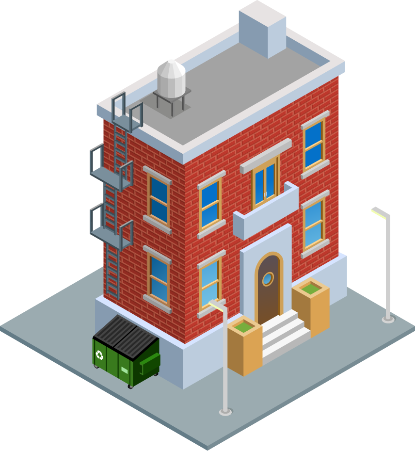 isometric city building illustration showcasing a detailed red brick structure with urban features