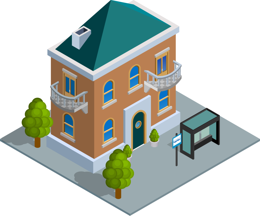 isometric city building illustration featuring a charming brick structure with trees and bus stop