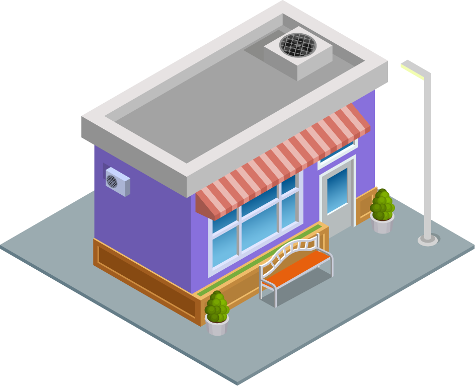 isometric city building illustration featuring a vibrant storefront with benches and street lights