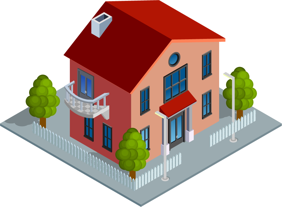 isometric city building illustration showcasing a charming house with trees and street lights