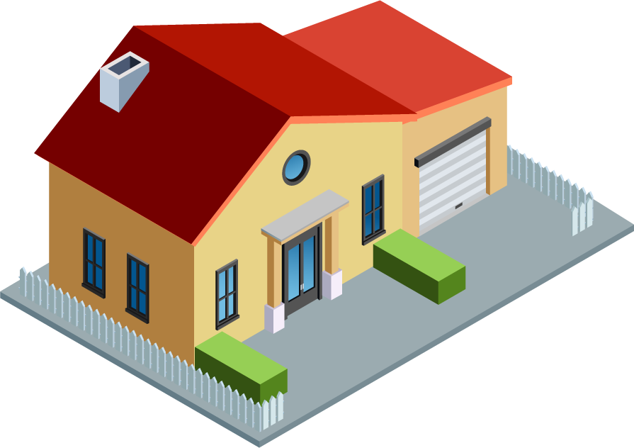 isometric city building illustration featuring a cozy home with garden and garage