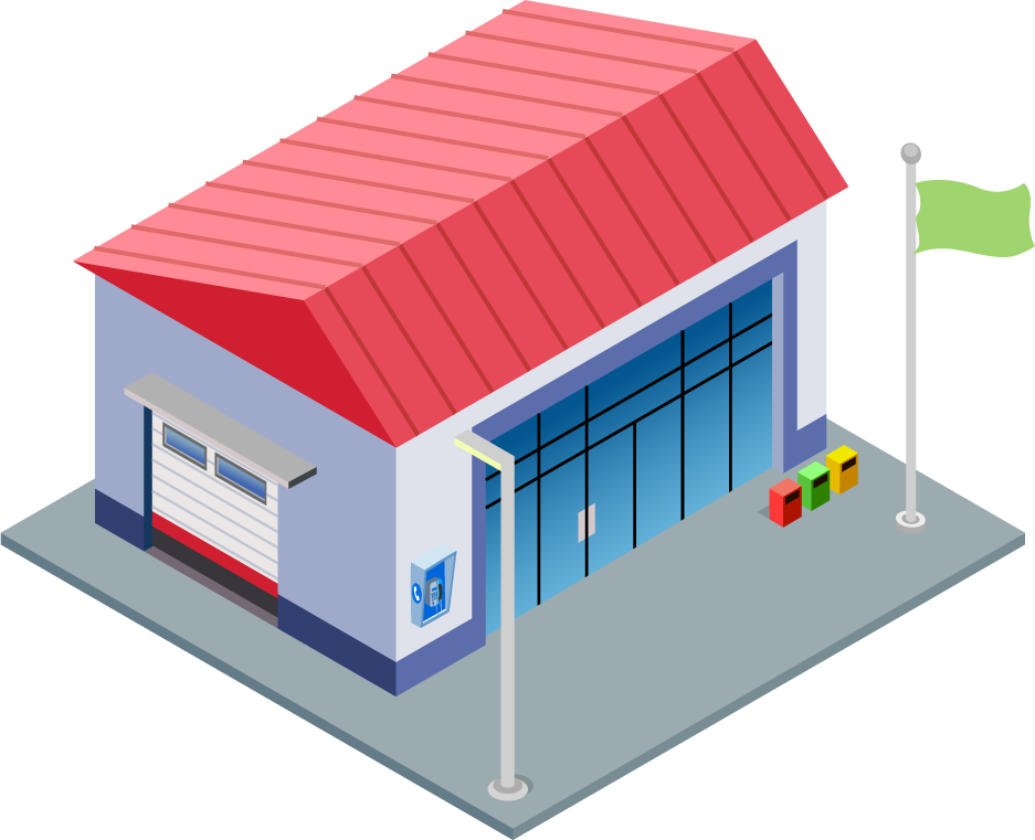 isometric city building illustration featuring a modern garage with vibrant colors