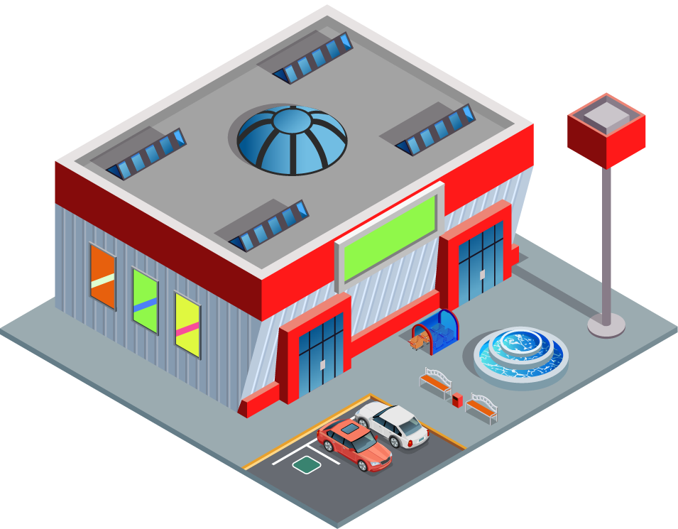 isometric city building illustration featuring a modern retail structure with vibrant colors and unique architecture