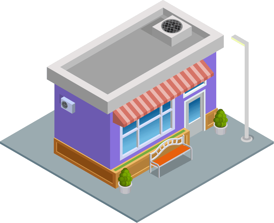 isometric city building illustration featuring a vibrant shop with outdoor seating and modern details