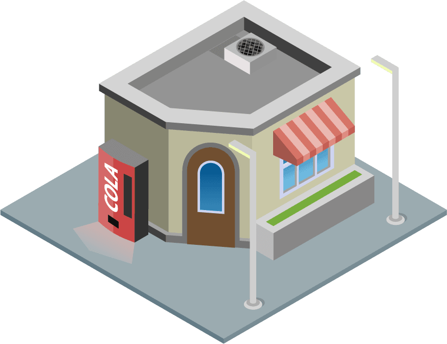 isometric city building illustration featuring a small café with a soda machine