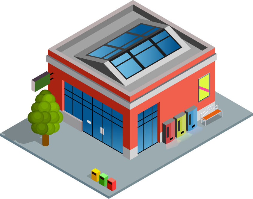 isometric city building illustration featuring a modern structure with eco-friendly design elements