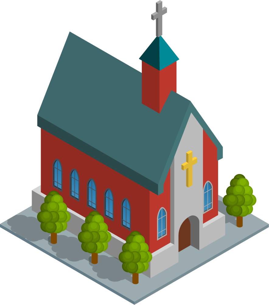 isometric city building illustration featuring a charming red church with lush greenery