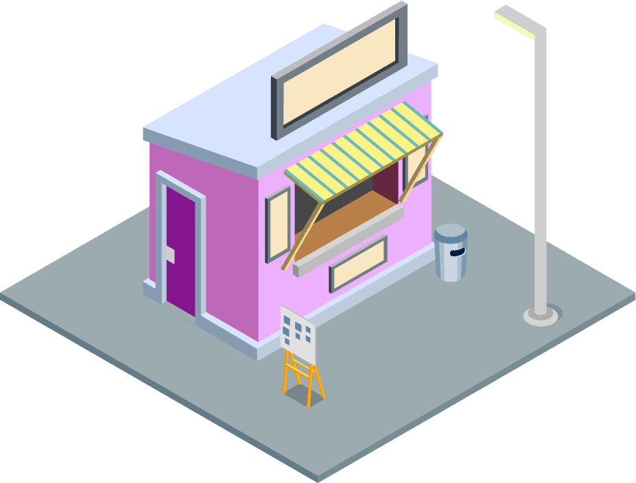 isometric city building illustration showcasing a vibrant street food vendor with outdoor seating