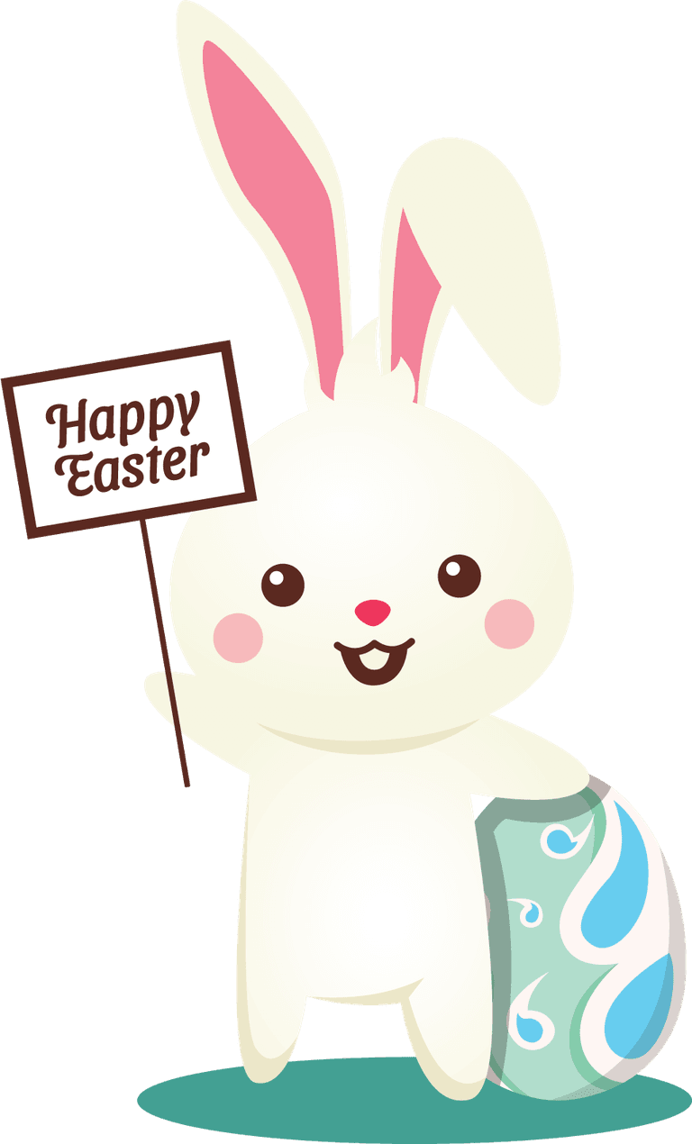 adorable bunnies easter rabbit character holding a happy easter sign with colorful egg