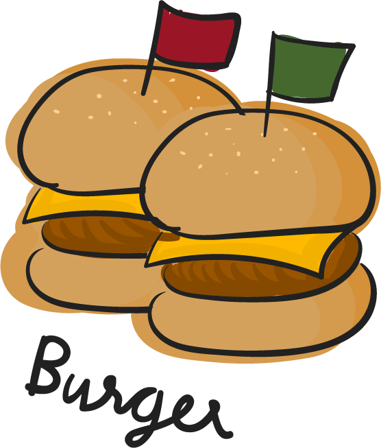 burger drawing style food collection featuring tasty cheeseburgers with flags