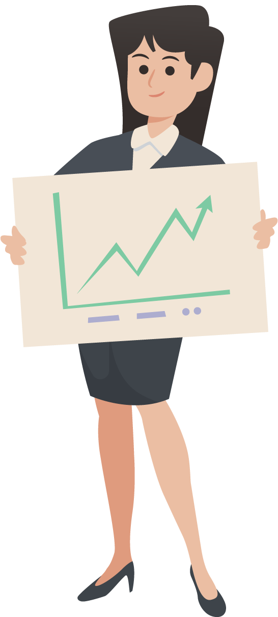 businesswoman doing different actions illustrating success with a growth chart presentation
