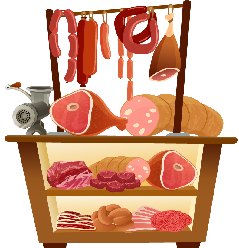 butcher shop butcher cartoon set with assorted meats and processing equipment for fun designs