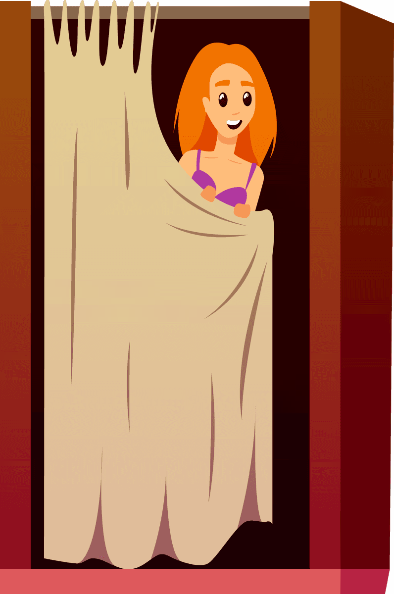 bvd lingerie store element illustration with cheerful character peeking from behind a curtain