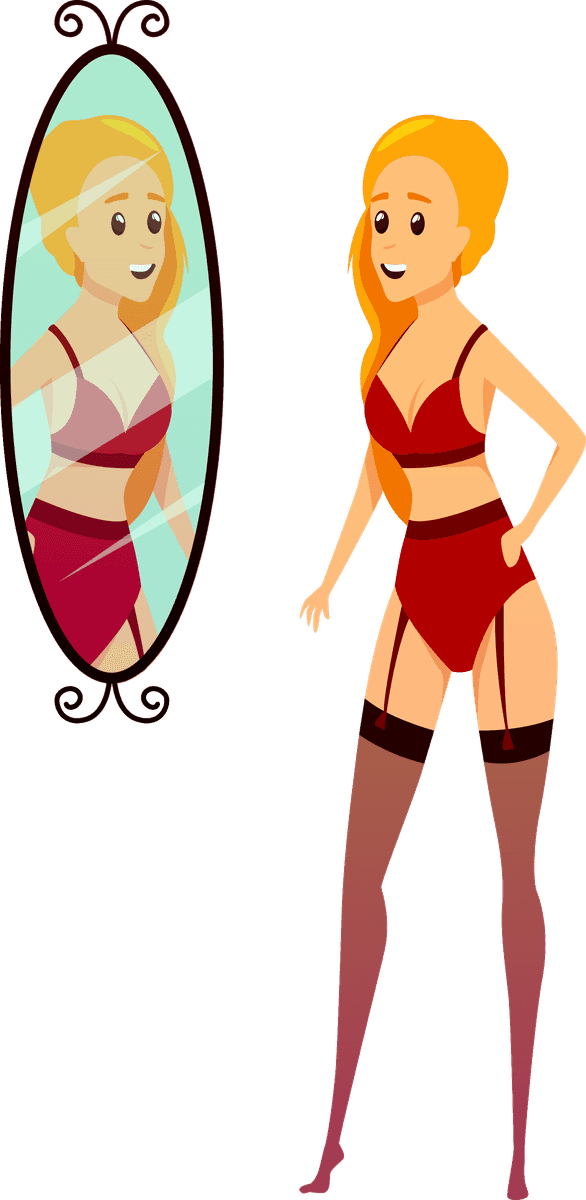 bvd lingerie store element illustration featuring a confident woman admiring herself in the mirror