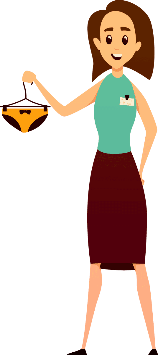 bvd lingerie store element illustration featuring a smiling saleswoman holding stylish lingerie
