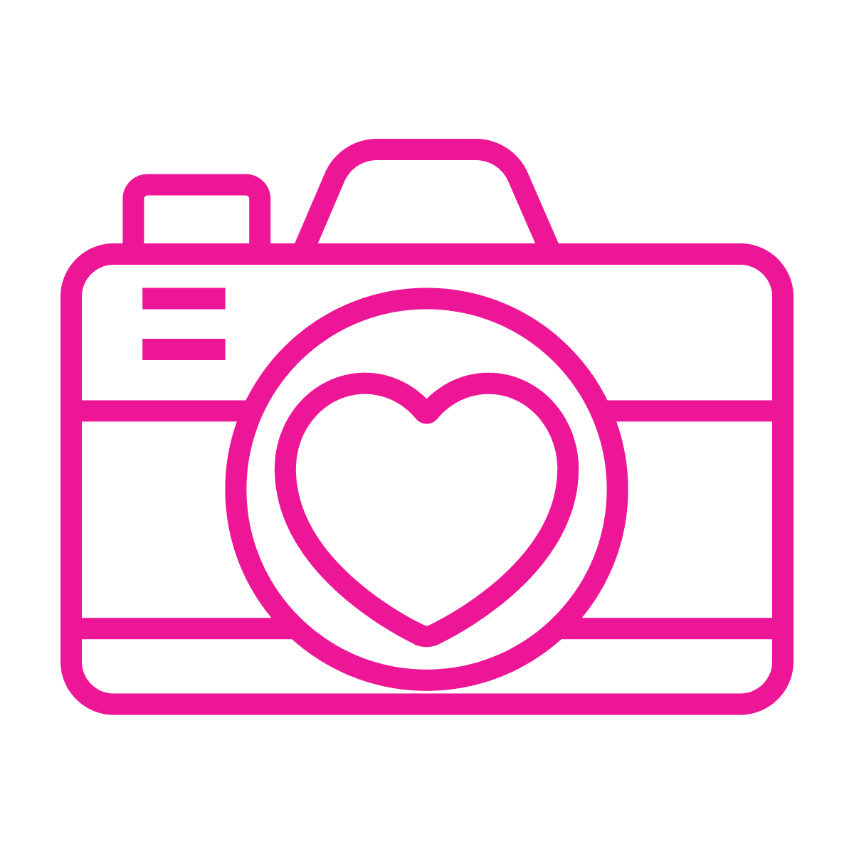 flat line icon of a pink camera with a heart symbol for love photography apps