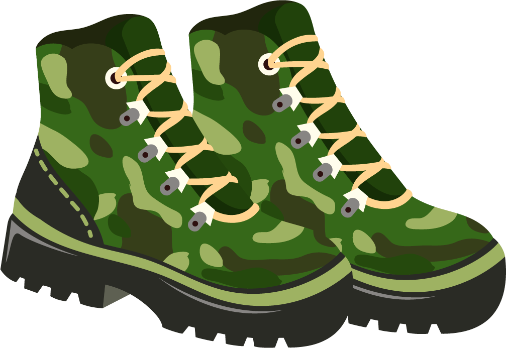 camping elements personal tools sketch of stylish camouflage hiking boots