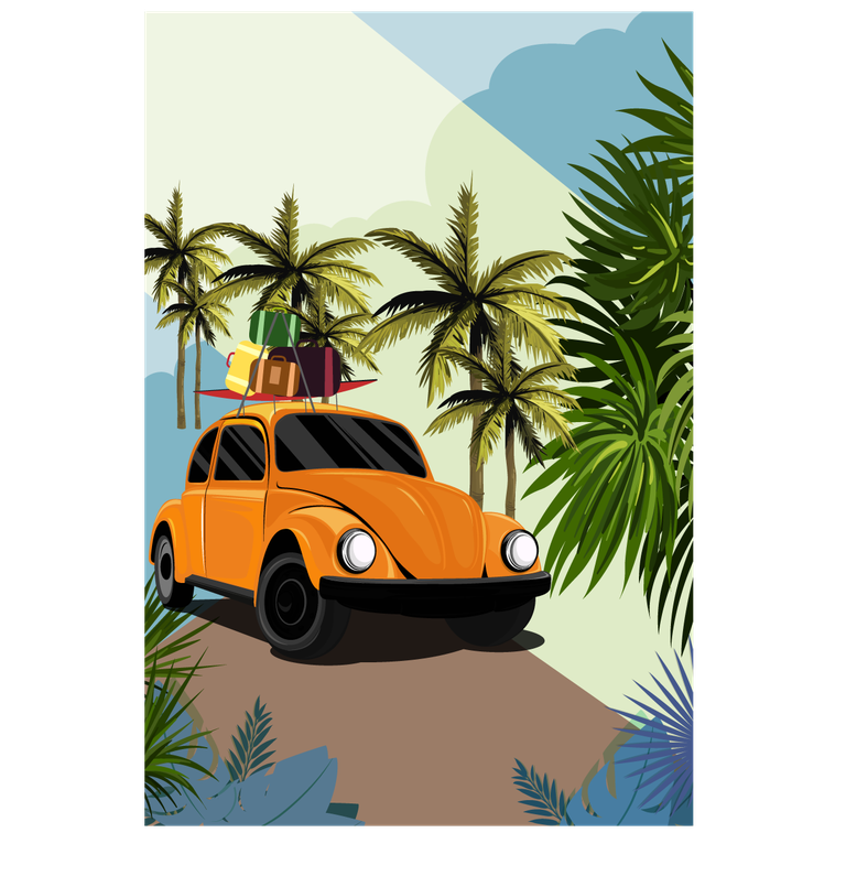 car poster on dirt road with palm trees and luggage for adventure lovers