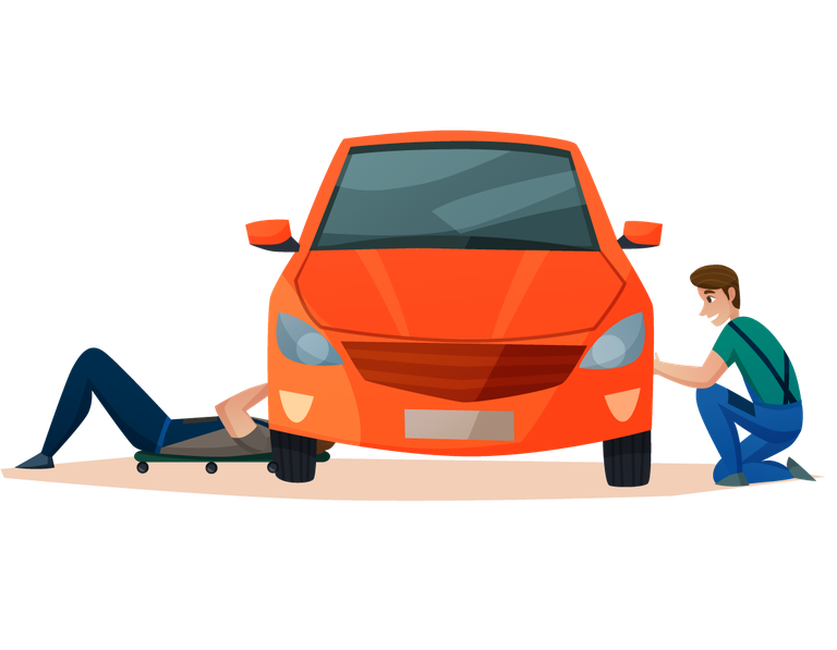 car maintenance and service illustration featuring mechanics working on a vehicle