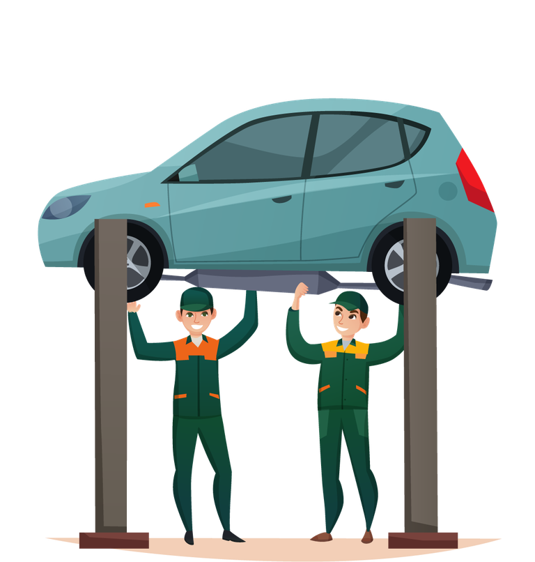 car maintenance and service illustration featuring mechanics lifting a vehicle for repair tasks