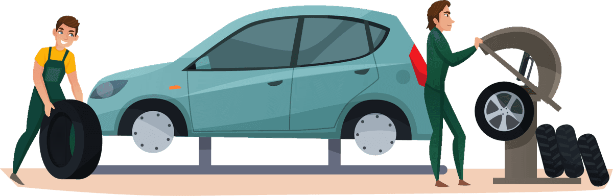 car maintenance and service illustration featuring tire change and mechanic tools in a workshop
