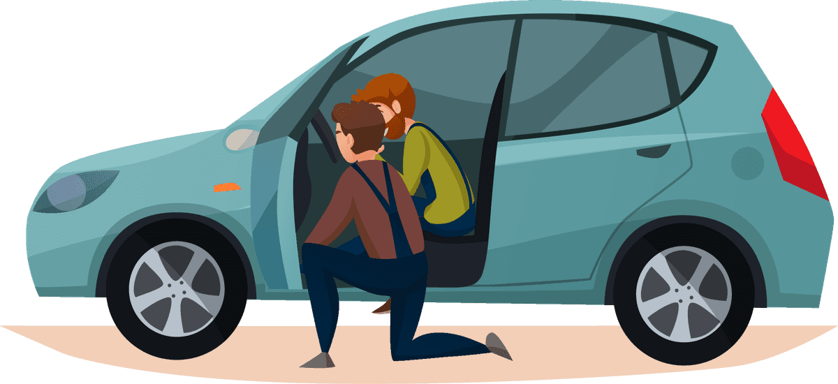 car maintenance and service illustration featuring mechanics working on a vehicle