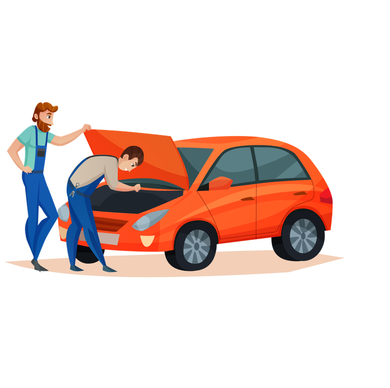 car maintenance and service illustration featuring mechanics inspecting a vehicle in a modern style