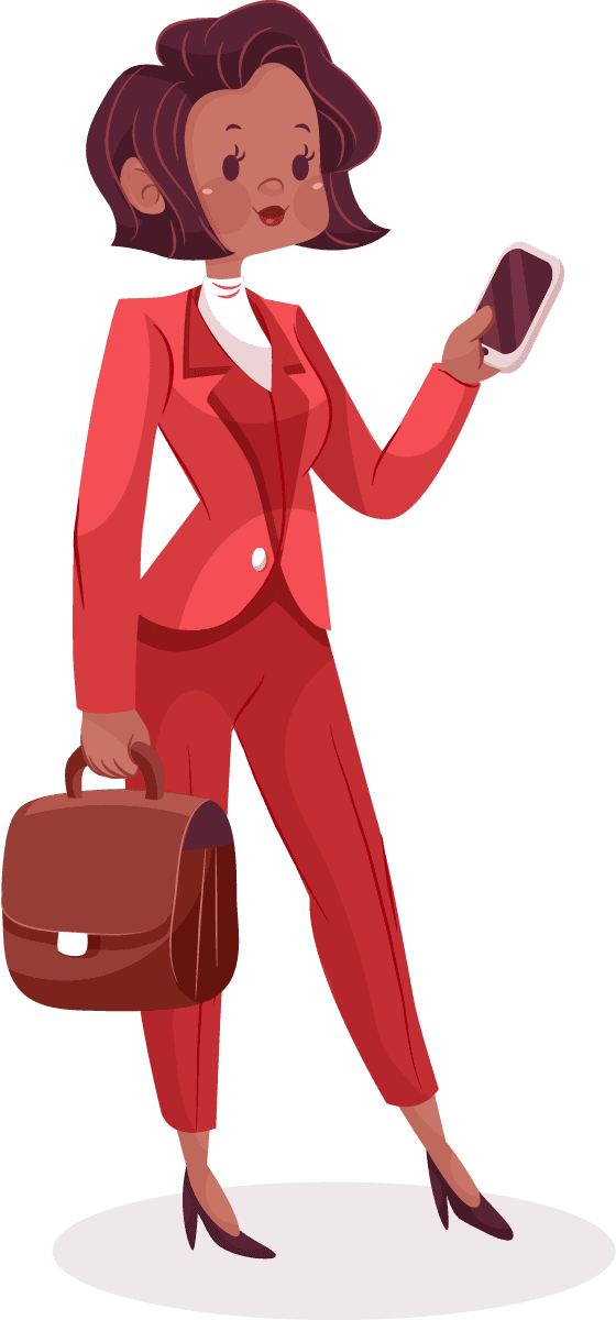 cartoon businesswoman different scenes in professional outfits with smartphone and briefcase