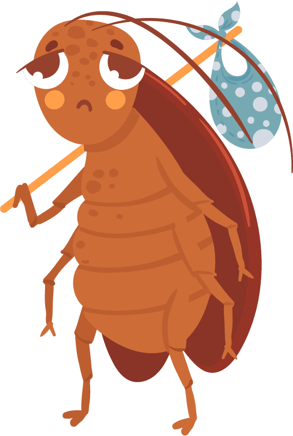 cartoon cockroach insect mascot with a sad expression and a bag for playful branding