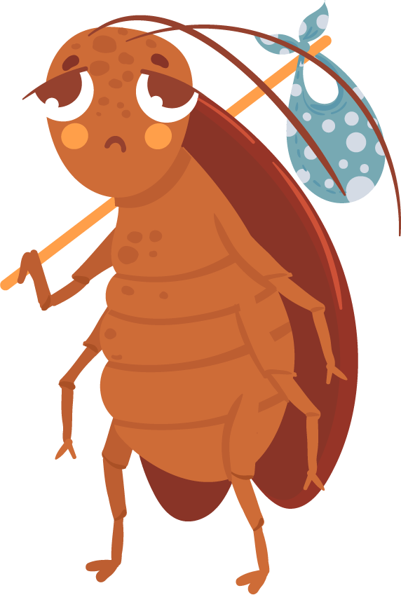 cartoon cockroach insect mascot with a sad expression and a bag for playful branding