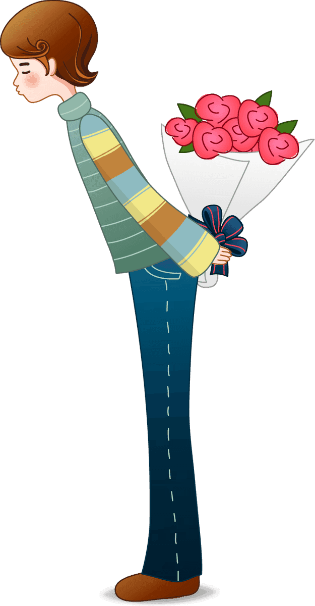 whimsical cartoon couple figure vector showing a boy with roses for a romantic surprise