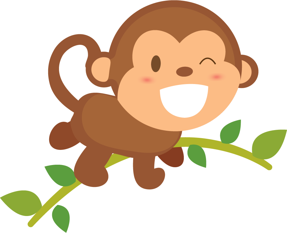 cartoon funny climbing monkey character swinging on a branch with a joyful expression