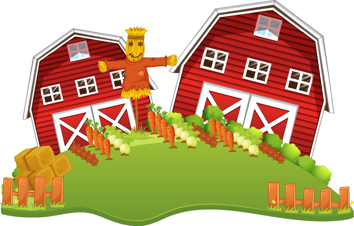 cartoon island natural landscape with colorful farms and cheerful scarecrow for children