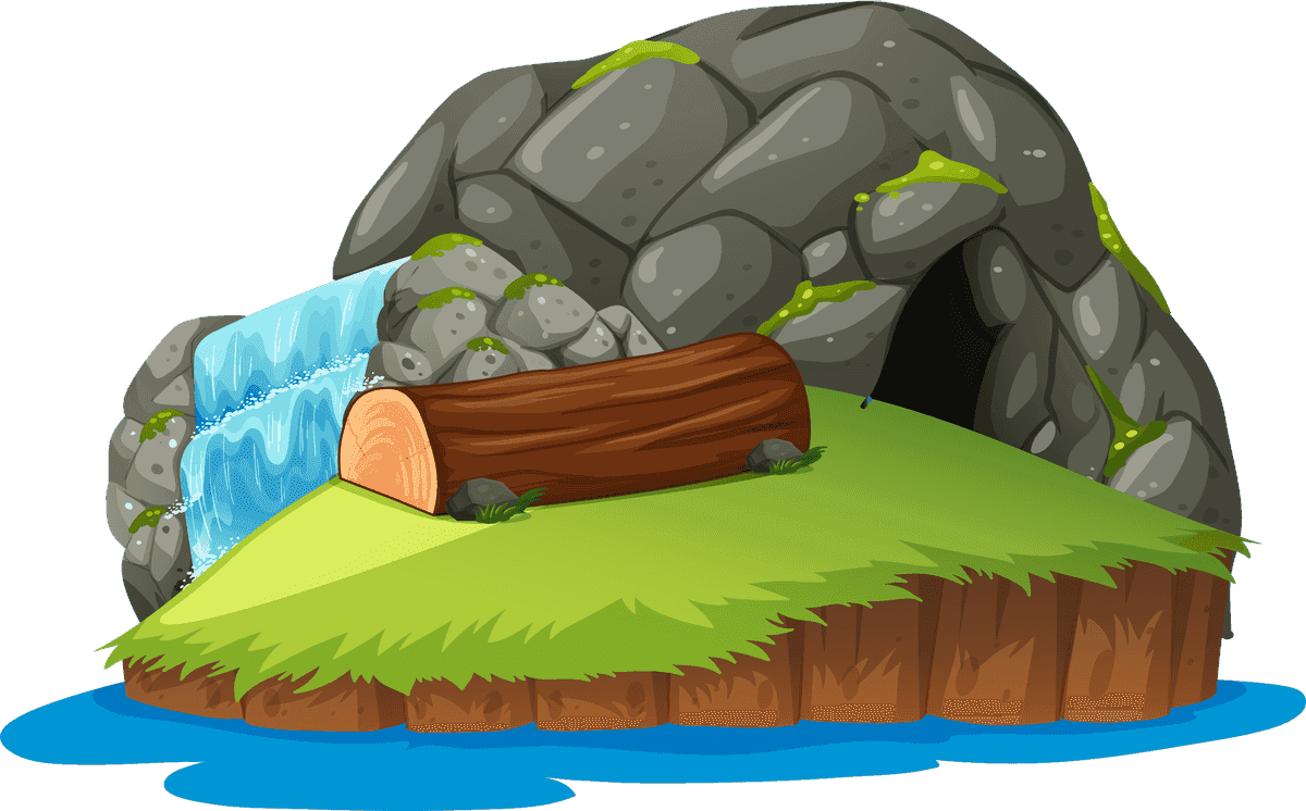 cartoon island natural landscape with waterfall and cave for creative projects