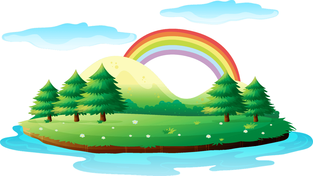 cartoon island natural landscape with lush greenery, colorful rainbow, and serene water scene