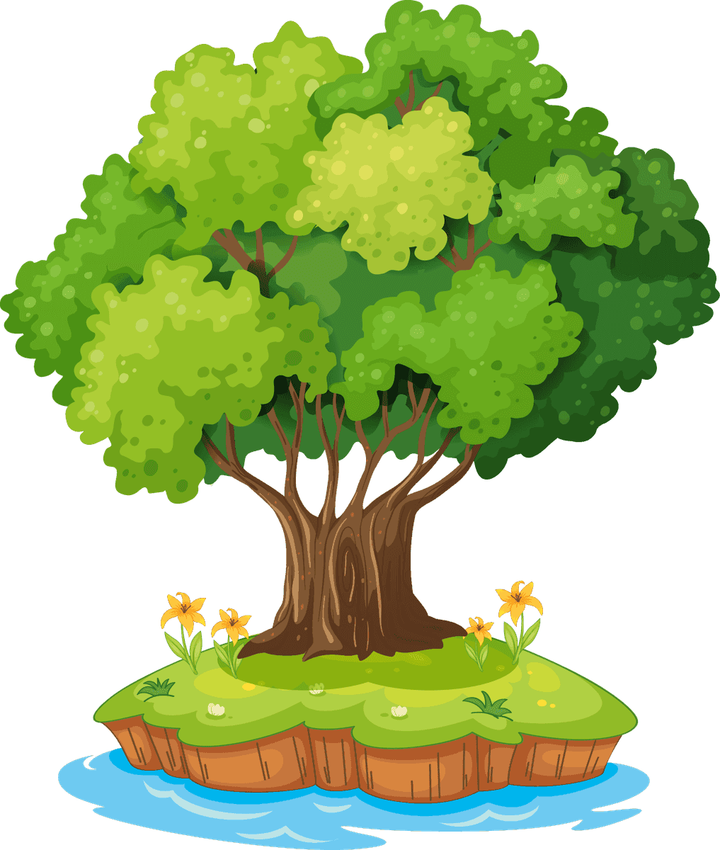 cartoon island natural landscape with vibrant greenery and colorful flowers for creative projects