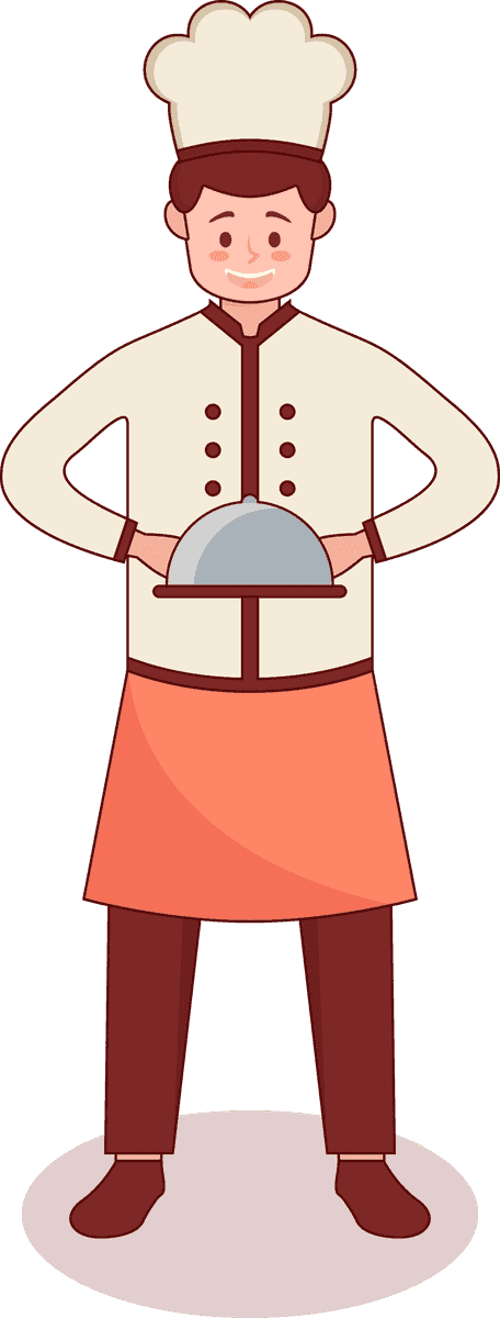 cartoon set illustration of a cheerful chef presenting a delicious dish with a warm smile