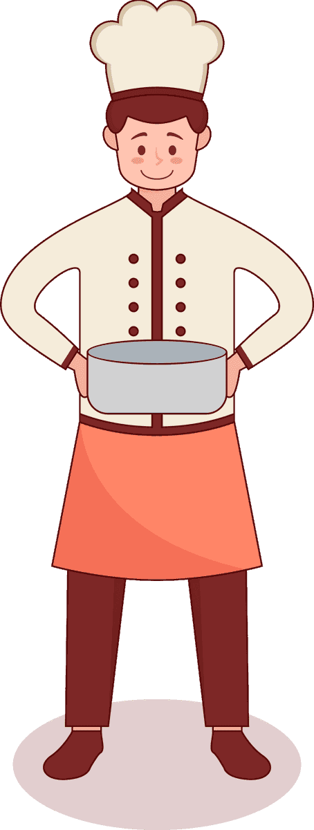 cartoon set illustration of a cheerful chef holding a silver bowl for cooking