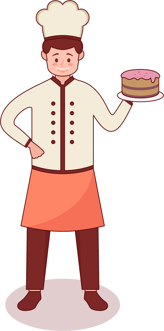 cartoon set illustration of a cheerful baker presenting a delicious cake in a playful style