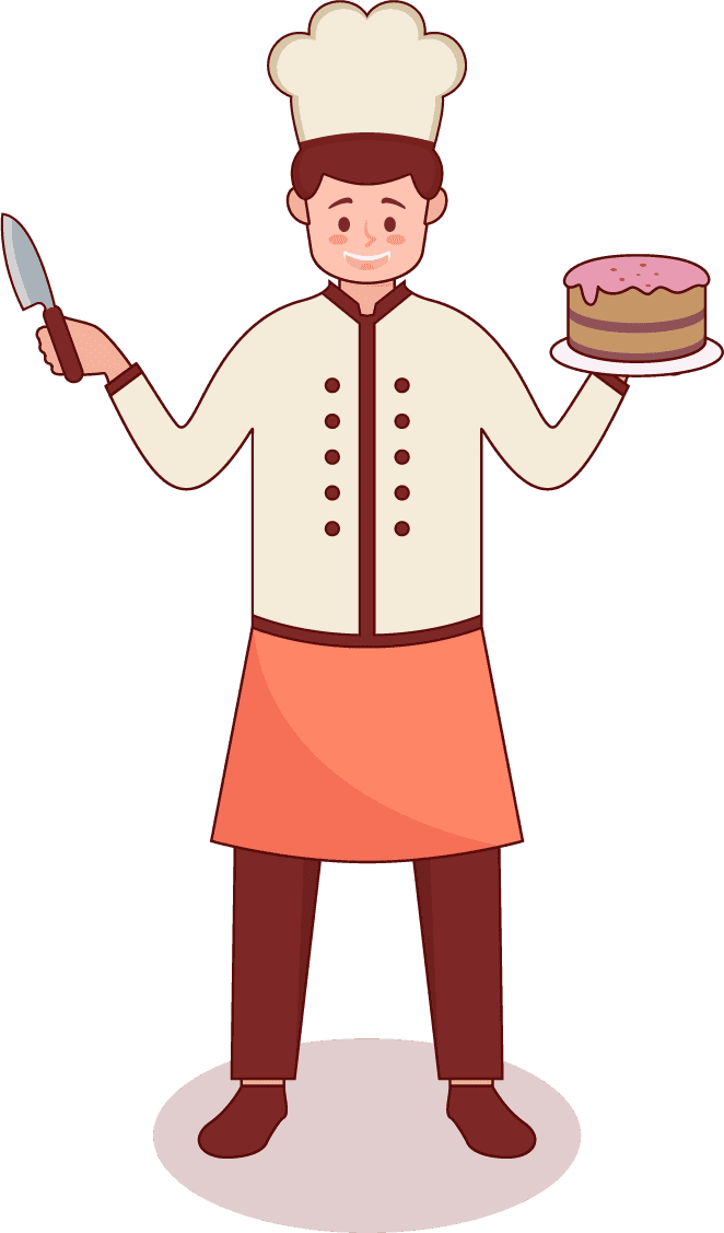 cartoon set illustration of a cheerful chef holding a cake and knife in a kitchen