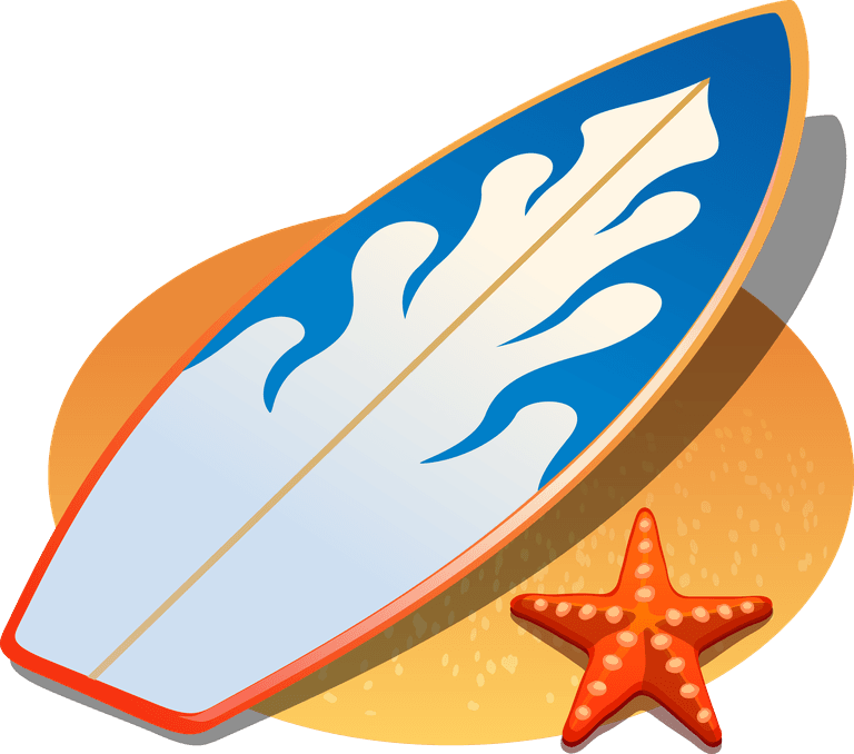 cartoon tourism elements icon vector featuring a colorful surfboard and starfish for beach themes