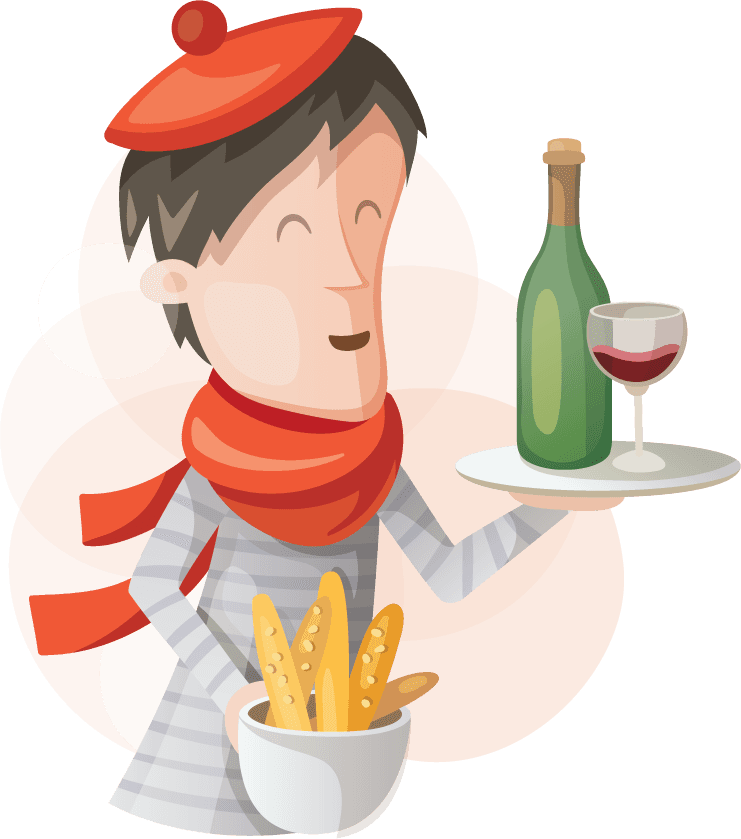 cartoon travel objects set vector featuring a cheerful waiter with wine and bread