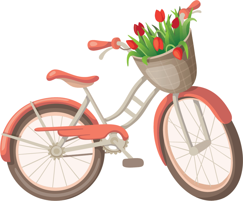 cartoon travel objects set vector featuring a cheerful bicycle with flowers for fun adventures