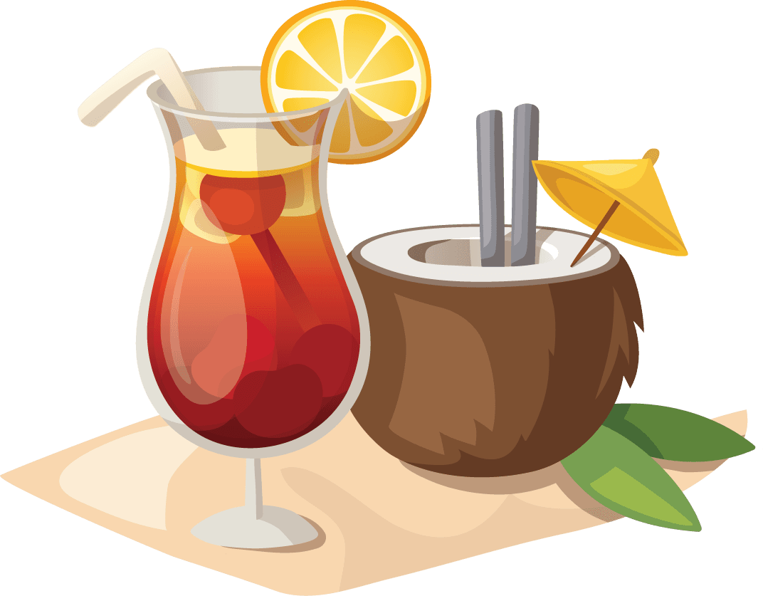 cartoon travel objects set vector featuring tropical drinks and summer vibes for vacation planning