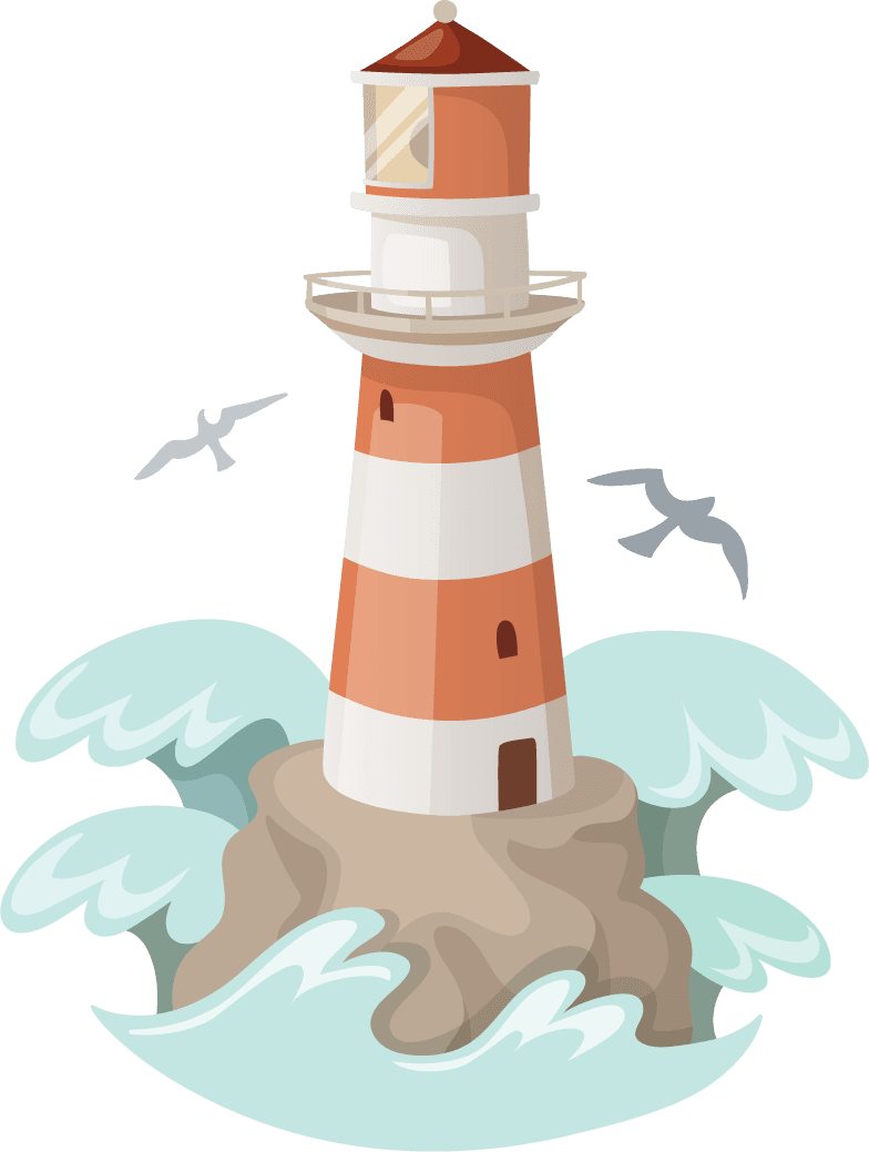 cartoon travel objects set vector featuring a charming lighthouse and ocean waves