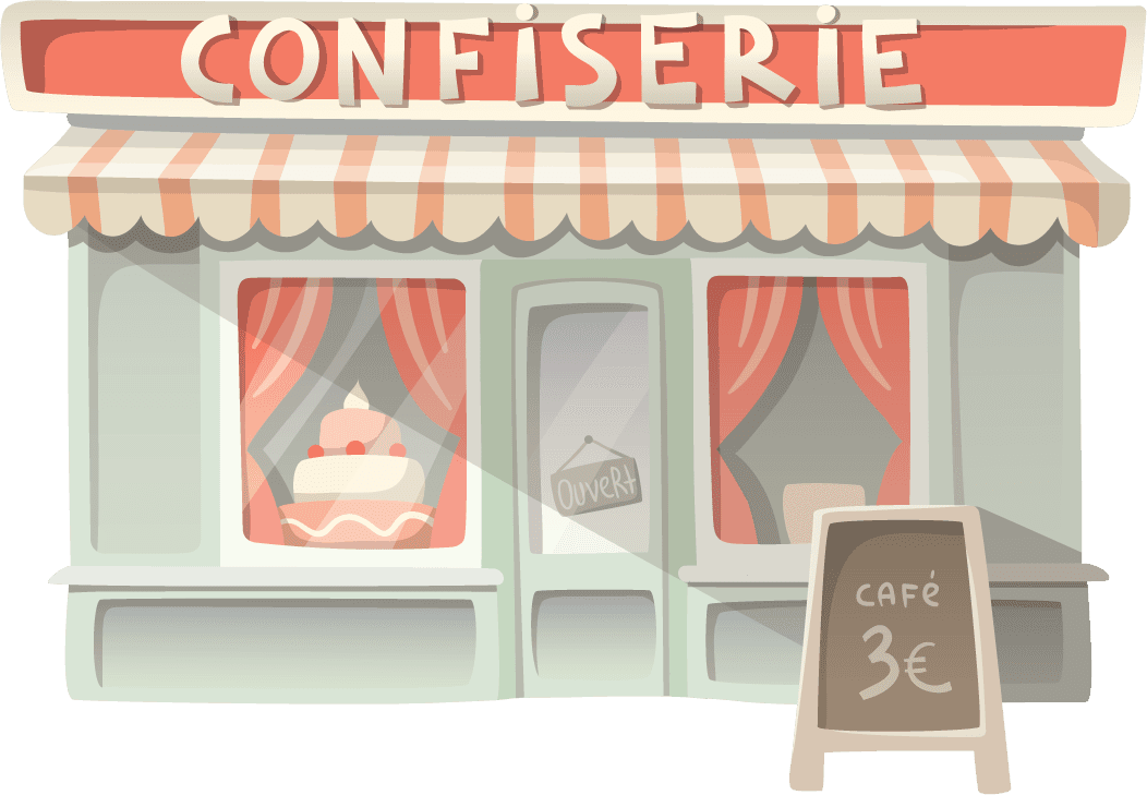 cartoon travel objects set vector featuring a charming confiserie shop with inviting colors