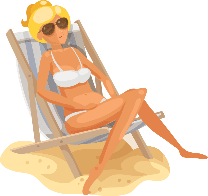 cartoon travel objects set vector featuring relaxing beach scene with sunbathing woman in sunglasses