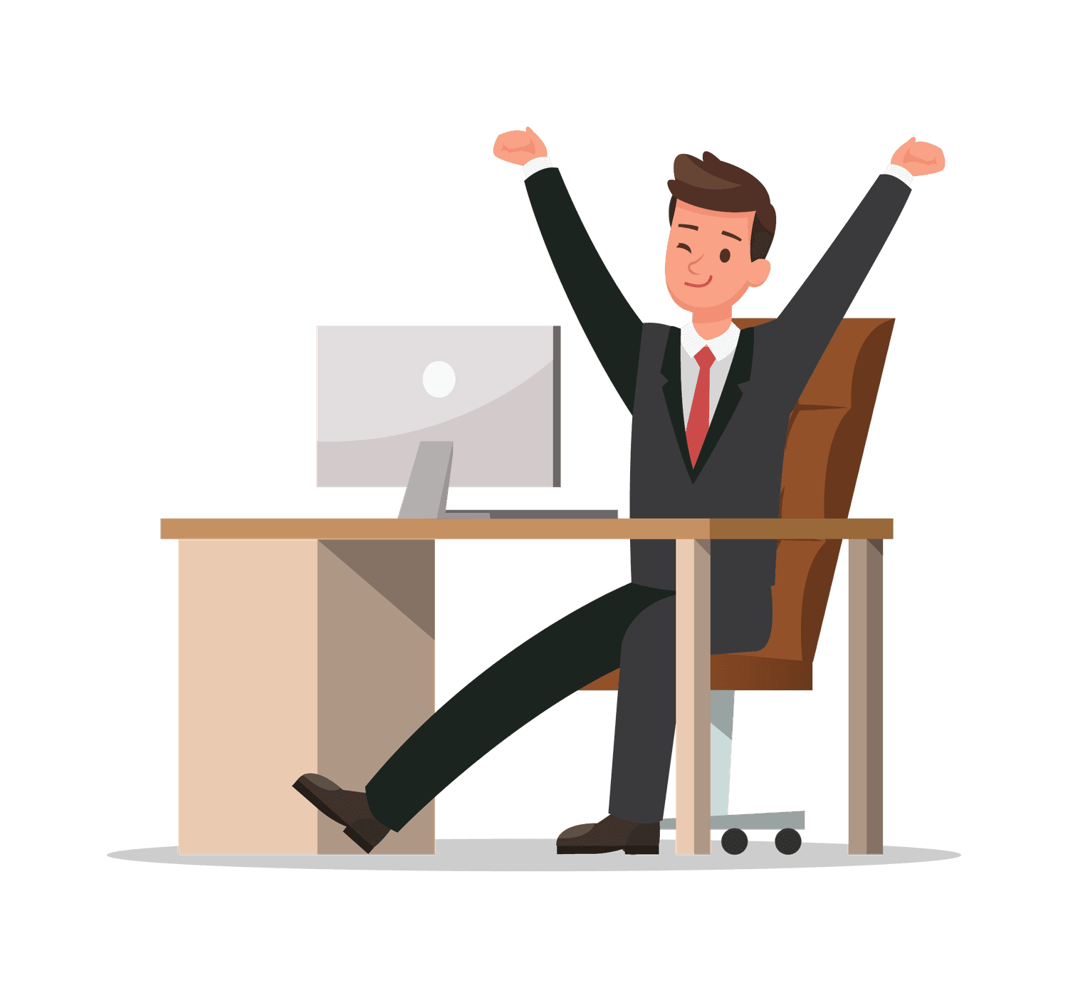 cartoon young businessman in suit sitting illustration raising hands