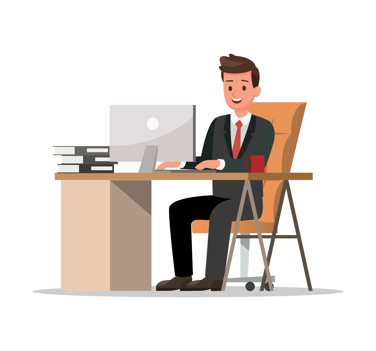 cartoon young businessman in suit sitting illustration working with computer