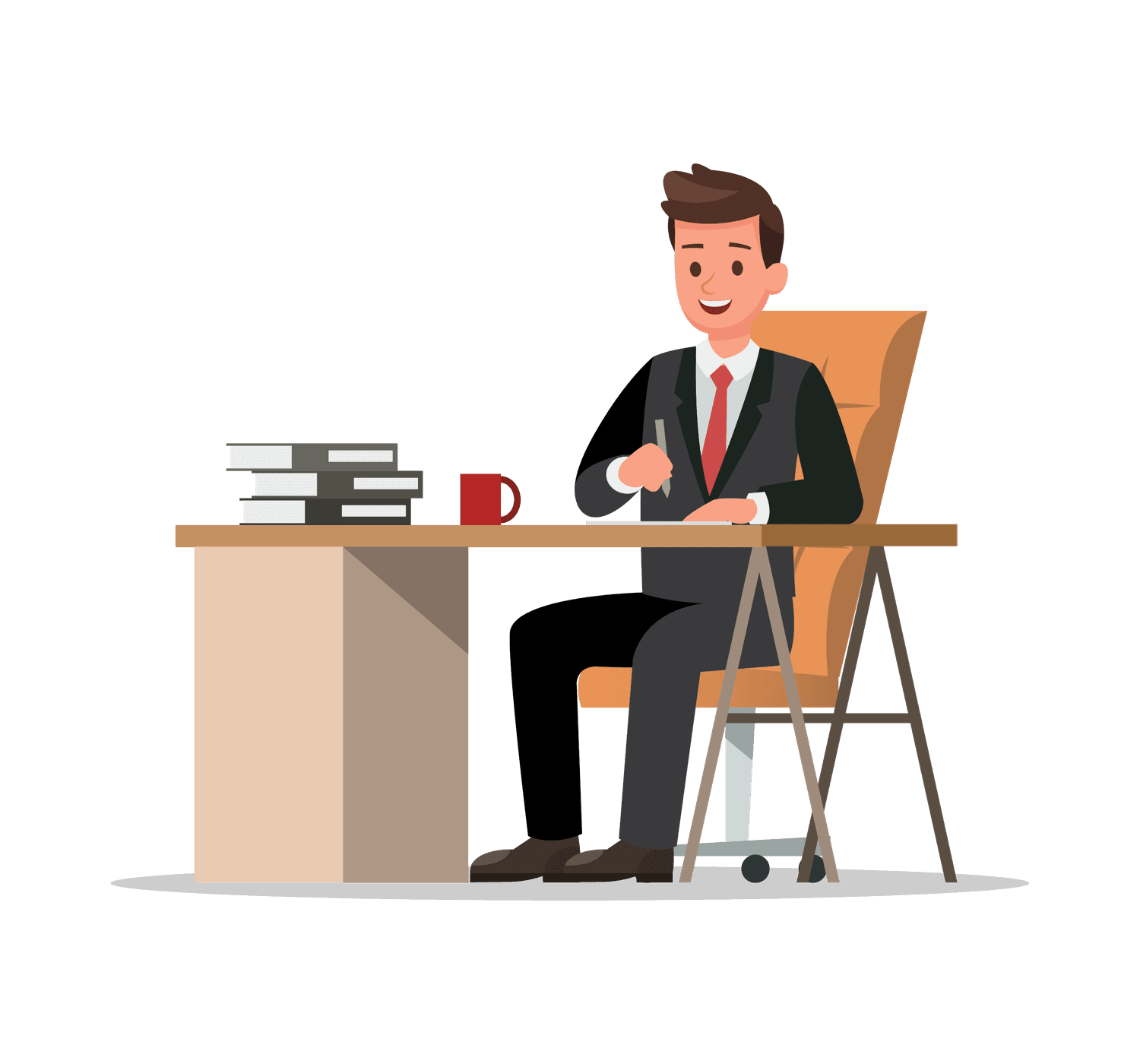 cartoon young businessman in suit sitting illustration writing and smiling